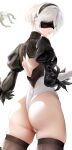  1girl ass back_cutout bangs black_hairband black_thighhighs blindfold closed_mouth clothing_cutout commentary_request from_behind hairband highres leotard liu_liaoliao long_sleeves nier_(series) nier_automata pod_(nier_automata) short_hair thighhighs thighs white_background white_hair white_leotard yorha_no._2_type_b 