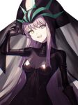  1girl bangs black_bodysuit black_gloves black_headdress bodysuit breasts commentary elbow_gloves fate/grand_order fate_(series) gloves headdress heterochromia highres kingprotea_(fate) latex latex_bodysuit long_hair looking_at_viewer medium_breasts open_mouth purple_eyes purple_hair simple_background skin_tight smile solo tamitami teeth upper_teeth_only veil very_long_hair white_background xochitonal_(fate) yellow_eyes 