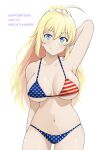  1girl ahoge amelia_thunders american_flag_bikini arm_behind_head arm_up armpits bangs bare_shoulders barkhorn0331 bikini breasts character_name cinderella_series closed_mouth collarbone commentary cowboy_shot dated english_text flag_print hachigatsu_no_cinderella_nine hair_between_eyes hair_ornament hair_scrunchie happy_birthday high_ponytail highres large_breasts long_hair looking_at_viewer navel scrunchie simple_background skindentation smile solo swimsuit thighs underboob very_long_hair white_background white_scrunchie 