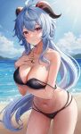  1girl ahoge ass_visible_through_thighs bare_arms bare_shoulders beach bikini black_bikini blue_hair breast_hold breast_suppress breasts cleavage cowboy_shot day ganyu_(genshin_impact) genshin_impact goat_horns hand_on_own_chest highres horns jewelry kottungyang large_breasts long_hair looking_at_viewer multi-strapped_bikini navel necklace ocean open_mouth outdoors purple_eyes solo spaghetti_strap standing stomach strap_slip string_bikini sunlight swimsuit thighs very_long_hair water wet 