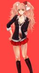  1girl bangs black_footwear blush boots bow breasts cleavage closed_mouth collarbone cosplay danganronpa:_trigger_happy_havoc danganronpa_(series) enoshima_junko enoshima_junko_(cosplay) feet_out_of_frame freckles hair_bow hair_ornament ikusaba_mukuro knee_boots kuru_(kzyr) long_hair miniskirt necktie pleated_skirt rabbit_hair_ornament red_bow skirt smile solo twintails 