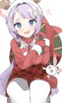  1girl :d absurdres bangs blue_archive blue_eyes boku_2020 fake_antlers gloves hair_ornament halo hanae_(blue_archive) hanae_(christmas)_(blue_archive) heart heart_hair_ornament highres holding holding_sack light_blush long_hair long_sleeves looking_at_viewer mistletoe_hair_ornament open_mouth pantyhose plaid plaid_skirt purple_hair red_skirt red_sweater sack santa_gloves simple_background skirt smile solo sweater swept_bangs white_background white_pantyhose 