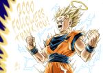  1boy aura blonde_hair clenched_hands commentary_request dated dougi dragon_ball dragon_ball_z electricity forest_1988 green_eyes halo male_focus milestone_celebration muscular muscular_male open_mouth powering_up signature solo son_goku super_saiyan super_saiyan_2 upper_body wristband 