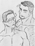  2boys abs absurdres age_switch aged_down aged_up alternate_facial_hair arm_hair bara beard billy_russell_(dickfish) chest_hair cigarette couple dickfish_(fishismdick) facial_hair glasses hairy highres john_rottweil_(dickfish) large_pectorals male_focus mature_male multiple_boys muscular muscular_male mustache nipples nude original pectorals round_eyewear scan short_hair sideburns sketch stomach thick_eyebrows traditional_media translation_request upper_body yaoi 