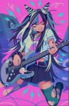  1girl asymmetrical_bangs azolitmin bangs black_gloves black_hair black_nails black_scrunchie black_skirt blue_hair blue_thighhighs breasts danganronpa_(series) danganronpa_2:_goodbye_despair ear_piercing electric_guitar electricity eyelashes fingerless_gloves gloves guitar hair_horns highres holding holding_instrument horns instrument jewelry kneeling lightning lightning_bolt_symbol long_hair medium_breasts messy_hair midriff mioda_ibuki monokuma monomi_(danganronpa) mouth_piercing multicolored_hair multiple_rings music nail_polish neckerchief necklace one_eye_closed oni_horns piercing pink_background pink_eyes pink_hair pink_neckerchief pink_thighhighs playing_instrument pleated_skirt ring sailor sailor_collar scar school_uniform scrunchie serafuku shirt shoes short_sleeves sidelocks single_fingerless_glove single_glove skirt smile smirk solo spiked_ear_piercing stereo sticker stomach striped striped_sleeves sweat thighhighs torn_clothes torn_thighhighs white_footwear white_hair white_shirt wrist_scrunchie zettai_ryouiki 