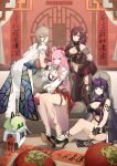  4girls absurdres ahoge alternate_costume android aponia_(honkai_impact) black_footwear blue_eyes breasts brown_hair chair china_dress chinese_clothes chinese_new_year cleavage cleavage_cutout closed_mouth clothing_cutout curtains dress eden_(honkai_impact) elf elysia_(honkai_impact) full_body gloves hair_between_eyes high_heels highres honkai_(series) honkai_impact_3rd horns indoors large_breasts long_hair looking_at_viewer multiple_girls pointy_ears purple_dress purple_eyes purple_gloves purple_hair purple_thighhighs raiden_mei raiden_mei_(herrscher_of_thunder) shoe_soles sitting smile thighhighs white_dress white_thighhighs yukari_(user_tsrs4747) 