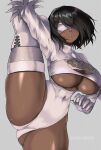  1girl alternate_skin_color artist_name ass ass_visible_through_thighs black_hair blindfold breasts curvy dark-skinned_female dark_skin flexible highres huge_breasts large_breasts leg_up leotard lips mole mole_under_mouth nier nier_(series) nier_automata noxcuro short_hair signature solo thick_thighs thighhighs thighs underboob white_background white_blindfold white_leotard yorha_type_p_no._2 