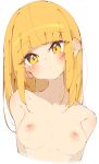  1girl arms_behind_back bangs blonde_hair blunt_bangs blush boku_no_hero_academia breasts closed_mouth collarbone completely_nude cropped_torso dot_nose hair_down highres light_frown linea_alba long_hair looking_at_viewer medium_breasts nipples nude rasusurasu shoulder_blush sidelocks simple_background solo straight_hair toga_himiko tsurime upper_body white_background yellow_eyes 