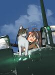  1girl ahoge aircraft animal annin_musou bangs blush brown_hair cat cloud day fairy_(kancolle) flying_sweatdrops hair_between_eyes hairband highres kantai_collection long_hair long_sleeves open_mouth ponytail sky smile solo vehicle_request white_hairband 