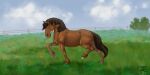  2020 balls blue_eyes brown_body brown_hair brown_mane brown_tail capofamiglia cloud digital_media_(artwork) dolero equid equine feathering fence feral fur genitals grass hair hooves horse male mammal mane plant raised_leg shrub simple_background solo tail 