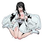  1girl black_hair blue_eyes breasts dress fang japanese_clothes kimono kukuruyo kyokou_suiri large_breasts long_hair long_sleeves looking_at_viewer obi sash sitting smile wariza white_dress white_kimono yuki-onna_(kyokou_suiri) yuki_onna 