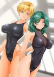  2girls absurdres aqua_eyes arms_behind_back bangs bishoujo_senshi_sailor_moon black_one-piece_swimsuit blonde_hair blue_eyes breasts casual_one-piece_swimsuit commentary_request competition_swimsuit covered_navel green_hair hand_on_hip highleg highleg_swimsuit highres indoors kaiou_michiru large_breasts looking_at_viewer medium_breasts multiple_girls nanashi_noiji one-piece_swimsuit parted_bangs rei_no_pool short_hair swimsuit ten&#039;ou_haruka turtleneck very_short_hair wavy_hair 