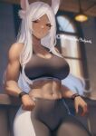  1girl abs animal_ears bangs bare_shoulders black_sports_bra black_wristband blurry blurry_background boku_no_hero_academia breasts cleavage collarbone dark-skinned_female dark_skin highres holy_meh indoors large_breasts leaning_back leaning_on_object long_eyelashes long_hair looking_at_viewer midriff mirko muscular muscular_female navel nike pants parted_bangs parted_lips patreon_username rabbit_ears rabbit_girl red_eyes solo sports_bra sportswear stomach tight tight_pants two-tone_pants very_long_hair white_hair wristband 