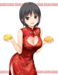  1girl :d aoyama_sumika bangs bare_arms bare_shoulders black_hair blush breasts brown_eyes china_dress chinese_clothes cleavage cleavage_cutout clothing_cutout coffee-kizoku commentary_request dress food heart_cutout highres holding holding_food leaning_forward looking_at_viewer medium_breasts open_mouth original red_dress short_hair simple_background sleeveless sleeveless_dress smile solo white_background 