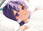  bananafish1111 bed bed_sheet blanket blue_archive cooling_pad heavy_breathing highres lying on_bed pillow purple_eyes purple_hair sick under_covers yuuka_(blue_archive) 