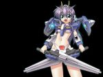  00_gundam 1girl :d bangs bikini black_background blue_eyes breasts cowboy_shot crossed_swords dual_wielding groin gundam gundam_00 hair_between_eyes headgear highleg highleg_bikini holding holding_sword holding_weapon legs_apart light_purple_hair long_hair looking_at_viewer mecha_musume navel open_mouth personification shinjou_satomi simple_background small_breasts smile solo standing swimsuit sword weapon white_bikini 