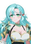  1girl absurdres aqua_hair armor bare_shoulders blush bow braid breastplate breasts chloe_(fire_emblem) cleavage commentary fire_emblem fire_emblem_engage green_eyes hair_between_eyes hair_bow highres kallentsu large_breasts long_hair looking_at_viewer red_bow shoulder_armor simple_background smile solo upper_body very_long_hair white_background 