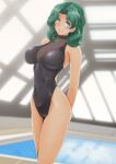 1girl absurdres aqua_eyes arms_behind_back bangs bishoujo_senshi_sailor_moon black_one-piece_swimsuit breasts casual_one-piece_swimsuit commentary_request covered_navel green_hair highres indoors kaiou_michiru large_breasts medium_breasts nanashi_noiji one-piece_swimsuit parted_bangs pool rei_no_pool solo swimsuit turtleneck wavy_hair 