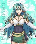  1girl aqua_background aqua_hair armor black_dress bow breastplate breasts byakko_(bliitzschlag) character_name chloe_(fire_emblem) cleavage commentary covered_navel cowboy_shot dress earrings elbow_gloves english_commentary fire_emblem fire_emblem_engage floral_background garter_straps gloves green_eyes hair_between_eyes hair_bow highres jewelry large_breasts long_hair looking_at_viewer orange_bow pauldrons short_dress shoulder_armor smile solo standing very_long_hair white_gloves 