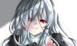  1girl assault_lily asymmetrical_irises bangs black_ribbon craisis_(craisis2) crying crying_with_eyes_open grey_background grey_hair hair_between_eyes hair_over_one_eye hand_up highres long_bangs long_hair looking_at_viewer neck_ribbon parted_lips portrait puffy_sleeves red_eyes ribbon school_uniform shade shirai_yuyu solo tears white_background yurigaoka_girls_academy_school_uniform 