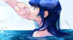  1girl 1other blue_eyes blue_hair clam_and_mirage commentary_request ear_piercing earrings from_side highres jewelry natchan_blue_(nanairopenki) partially_submerged piercing profile ripples solo_focus water wavy_eyes wet 