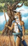  0laffson anthro bottomwear cheetah cloak clothing dagger felid feline hi_res loincloth male mammal melee_weapon plant polearm solo spear traditional_media_(artwork) tree weapon 