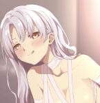  1girl :q bandaged_neck bandages blush caren_hortensia chiizu_ore collarbone commission fate/hollow_ataraxia fate_(series) highres long_hair looking_at_viewer skeb_commission solo sweat tongue tongue_out white_hair yellow_eyes 