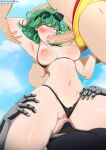  1girl 2boys alternate_costume android bikini bikini_bottom_aside black_bikini blush breasts clothing_aside cum cum_in_mouth cunnilingus day eyewear_on_head fellatio flipped_hair genos green_eyes green_hair groin hetero large_breasts looking_at_viewer multiple_boys navel neocoill one-punch_man oral outdoors penis pink_eyes pussy_juice shiny_skin sitting_on_face solo_focus sunglasses swimsuit tatsumaki tongue tongue_out 