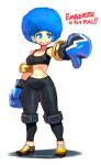  1girl afro big_hair black_pants black_sports_bra blue_eyes blue_gloves blue_hair boxing_gloves breasts commentary copyright_name dreaminerryday elbow_pads english_commentary full_body gloves grin highres knee_pads medium_breasts midriff navel pants rumbleverse shoes smile sneakers solo sports_bra standing thumbs_down yellow_footwear yoga_pants 