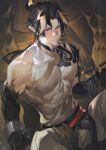  1boy absurdres arknights bangs black_hair bound bound_wrists bulge chong_yue_(arknights) covered_nipples dragon_boy dragon_horns feet_out_of_frame finger_to_another&#039;s_mouth highres horns large_pectorals long_hair looking_at_viewer male_focus multicolored_hair out_of_frame painttool_sai_(medium) pectorals pelvic_curtain pointy_ears ponytail pos_po saliva solo spread_legs streaked_hair toned toned_male yaoi 