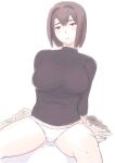  1girl black_sweater bob_cut breasts brown_hair cowboy_shot hair_intakes highres hyuuga_(kancolle) kantai_collection large_breasts looking_at_viewer panties red_eyes short_hair simple_background sitting solo sweater underwear vent_arbre white_background white_panties 