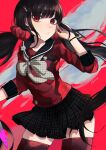  1girl absurdres bangs black_hair bow bowtie breast_pocket danganronpa_(series) danganronpa_v3:_killing_harmony grey_bow grey_bowtie hair_ornament hair_scrunchie hairclip harukawa_maki highres leaning_forward long_hair looking_at_viewer low_twintails mole mole_under_eye ne_mo plaid plaid_skirt pleated_skirt pocket red_background red_eyes red_scrunchie red_shirt red_thighhighs scrunchie shirt skindentation skirt solo star_(symbol) star_print thighhighs twintails zettai_ryouiki 