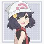  1girl alternate_hairstyle blue_hair chocomiru dawn_(pokemon) happy hat non-web_source open_mouth pokemon pokemon_(game) pokemon_dppt polka_dot polka_dot_background red_scarf scarf shirt short_hair sleeveless sleeveless_shirt smile solo upper_body 