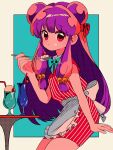  1girl aqua_bow bow cherry double_bun food fruit hair_bun hair_ornament highres holding holding_spoon purple_hair ranma_1/2 red_eyes sanamaru_(sana79261827) shampoo_(ranma_1/2) solo spoon waitress 