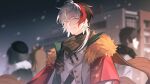  1boy 3others arknights black_hair blurry blurry_background brown_scarf building capelet chinese_commentary commentary_request elysium_(arknights) elysium_(snowy_echo)_(arknights) fengtu_ad fur-trimmed_capelet fur_trim highres jacket looking_at_viewer male_focus multicolored_hair multiple_others official_alternate_costume parted_lips red_capelet red_hair scarf short_hair smile snowing solo_focus streaked_hair white_eyes white_hair white_jacket 
