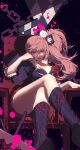  1girl absurdres ass bangs bear_hair_ornament black_background black_footwear black_shirt blood boots bow breasts chair commentary_request danganronpa:_trigger_happy_havoc danganronpa_(series) enoshima_junko flowercz glasses hair_ornament highres knee_boots large_breasts long_hair looking_at_viewer nail_polish pink_blood pleated_skirt red_bow red_lips red_nails red_skirt shirt side_ponytail skirt solo teeth 