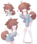  1girl absurdres ahoge animal_ears blue_sweater brown_hair chibi dog_ears dog_girl dog_tail doughnut emi_(vtuber) fang food full_body heart heterochromia highres honyang indie_virtual_youtuber loose_thighhigh mouth_hold no_pants o_o open_mouth short_hair sleeves_past_wrists smile sweater tail thighhighs two_side_up v virtual_youtuber white_thighhighs 