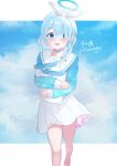  1girl :d anniversary arona_(blue_archive) bangs barefoot blue_archive blue_choker blue_eyes blue_hair blue_shirt blue_sky braid choker cloud cloudy_sky coco_(coco_rr) commentary_request envelope hair_over_shoulder hair_ribbon hairband halo highres long_sleeves looking_at_viewer manila_envelope object_hug pink_hair pleated_skirt puffy_long_sleeves puffy_sleeves ribbon sailor_collar shirt single_braid skirt sky sleeves_past_wrists smile solo walking white_hairband white_ribbon white_sailor_collar white_skirt 