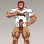  1boy abs bara beard bottomless dark-skinned_male dark_skin erection facial_hair fate/grand_order fate/zero fate_(series) full_body grin highres iskandar_(fate) large_pectorals looking_at_viewer male_focus male_pubic_hair mature_male muscular muscular_male nipples official_alternate_costume pectorals penis pointing pointing_at_self pubic_hair red_eyes red_hair shirako_(kirupi) shirt short_hair smile solo standing text_censor thick_eyebrows veins veiny_penis white_shirt 