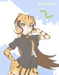  1girl black_shirt blonde_hair blush brown_hair cheetah_ears cheetah_girl cheetah_print cheetah_tail collared_shirt commentary_request cowboy_shot elbow_gloves extra_ears gloves hand_in_own_hair highres kemono_friends king_cheetah_(kemono_friends) long_hair looking_at_viewer multicolored_hair necktie nokemono-san_(bocchi_friend) pleated_skirt print_gloves print_necktie print_skirt shirt short_sleeves sidelocks skirt solo t-shirt translation_request yellow_eyes 