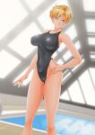  1girl absurdres bangs bishoujo_senshi_sailor_moon black_one-piece_swimsuit blonde_hair blue_eyes breasts competition_swimsuit covered_navel hand_on_hip highleg highleg_swimsuit highres indoors large_breasts looking_at_viewer nanashi_noiji one-piece_swimsuit parted_bangs pool rei_no_pool short_hair solo swimsuit ten&#039;ou_haruka very_short_hair 