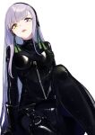  1girl bangs black_bodysuit blush bodysuit breasts coffeekite fate/grand_order fate_(series) gimp_suit green_ribbon heterochromia highres kingprotea_(fate) latex latex_bodysuit long_hair looking_at_viewer medium_breasts purple_eyes ribbon solo thighs tongue tongue_out white_background xochitonal_(fate) yellow_eyes 