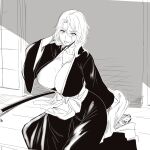  1girl bleach breasts cleavage fuooooo greyscale haori highres huge_breasts japanese_clothes jewelry matsumoto_rangiku medium_hair monochrome necklace sitting taichou_haori wide_sleeves 