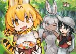  +_+ 5girls animal_ears backpack bag bare_shoulders bird_girl bird_wings black_hair blonde_hair blue_eyes blush bow bowtie brown_eyes brown_hair buchi0122 cat_ears cat_girl commentary_request detached_sleeves drooling elbow_gloves eurasian_eagle_owl_(kemono_friends) food frilled_sleeves frills gloves grey_hair grey_shorts hat_feather head_wings helmet highres kaban_(kemono_friends) kemono_friends ladle multicolored_hair multiple_girls northern_white-faced_owl_(kemono_friends) one_eye_closed open_mouth orange_eyes owl_ears owl_girl pith_helmet print_bow print_bowtie print_gloves rabbit_ears rabbit_girl rabbit_tail red_shirt serval_(kemono_friends) serval_print shirt short_hair short_sleeves shorts sleeveless t-shirt tail tree tsukuyomi_shinshi_(kemono_friends) white_hair white_shirt white_sleeves wings yellow_eyes 