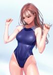  1girl absurdres blue_one-piece_swimsuit breasts brown_eyes commentary_request competition_swimsuit cowboy_shot highres long_hair medium_breasts multicolored_clothes multicolored_swimsuit one-piece_swimsuit original royal_s solo swimsuit twitter_username w_arms 