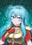  1girl absurdres aqua_background armor blue_eyes blue_hair breastplate commentary_request eirika_(fire_emblem) fingerless_gloves fire_emblem fire_emblem:_the_sacred_stones fire_emblem_engage gloves glowing hand_on_own_chest highres kallentsu long_hair looking_at_viewer red_gloves red_shirt shirt short_sleeves shoulder_armor smile solo upper_body 