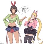  2girls animal_ears animal_hands artist_name black_choker blonde_hair blue_eyes bra breasts brown_eyes brown_hair cat_paws cat_tail choker confused dark-skinned_female dark_skin earrings fake_animal_ears flower frilled_skirt frills gold_bracelet gold_choker gold_earrings headband headphones highres jacket jewelry josie_rizal kamii_(gloominny) long_sleeves lucky_chloe medium_breasts meme midriff multiple_girls navel open_clothes open_jacket pink_jacket pointing short_hair skirt small_breasts smile speech_bubble tail tekken tekken_7 thighhighs twintails underwear white_background 