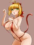  absurdres ahoge animal_ears blonde_hair blush braid breasts cat_ears cat_tail fate/extra fate_(series) french_braid green_eyes hair_intakes hair_ribbon highres large_breasts navel nero_claudius_(fate) nero_claudius_(fate/extra) nero_claudius_(red_lightning)_(fate) one-piece_swimsuit open_mouth paw_pose red_one-piece_swimsuit red_ribbon ribbon slingshot_swimsuit steamingtofu swimsuit tail 
