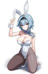  1girl alternate_costume animal_ears aqua_hair arm_up asymmetrical_hair bangs bare_arms bare_shoulders black_hairband blue_bow blue_bowtie bow bowtie breasts brown_pantyhose caitlyn0104 cleavage closed_mouth covered_navel detached_collar eula_(genshin_impact) fake_animal_ears genshin_impact gradient_eyes groin hairband high_heels highleg highleg_leotard highres holding_ear kneeling large_breasts leotard looking_at_viewer medium_hair multicolored_eyes pantyhose playboy_bunny purple_eyes rabbit_ears sidelocks simple_background smile solo strapless strapless_leotard thighs white_background white_footwear white_leotard white_wrist_cuffs wrist_cuffs yellow_eyes 