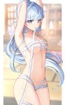  1girl absurdres armpits arms_up bandages bangs blue_eyes blue_hair blunt_bangs blunt_tresses blurry blurry_background breasts budget_sarashi cowboy_shot floating_hair genshin_impact hair_ribbon highres kamisato_ayaka large_breasts light_blue_hair long_hair looking_at_viewer mouth_hold naked_bandage ponytail ribbon sarashi shiny_skin solo thighs tress_ribbon underboob yeni1871 